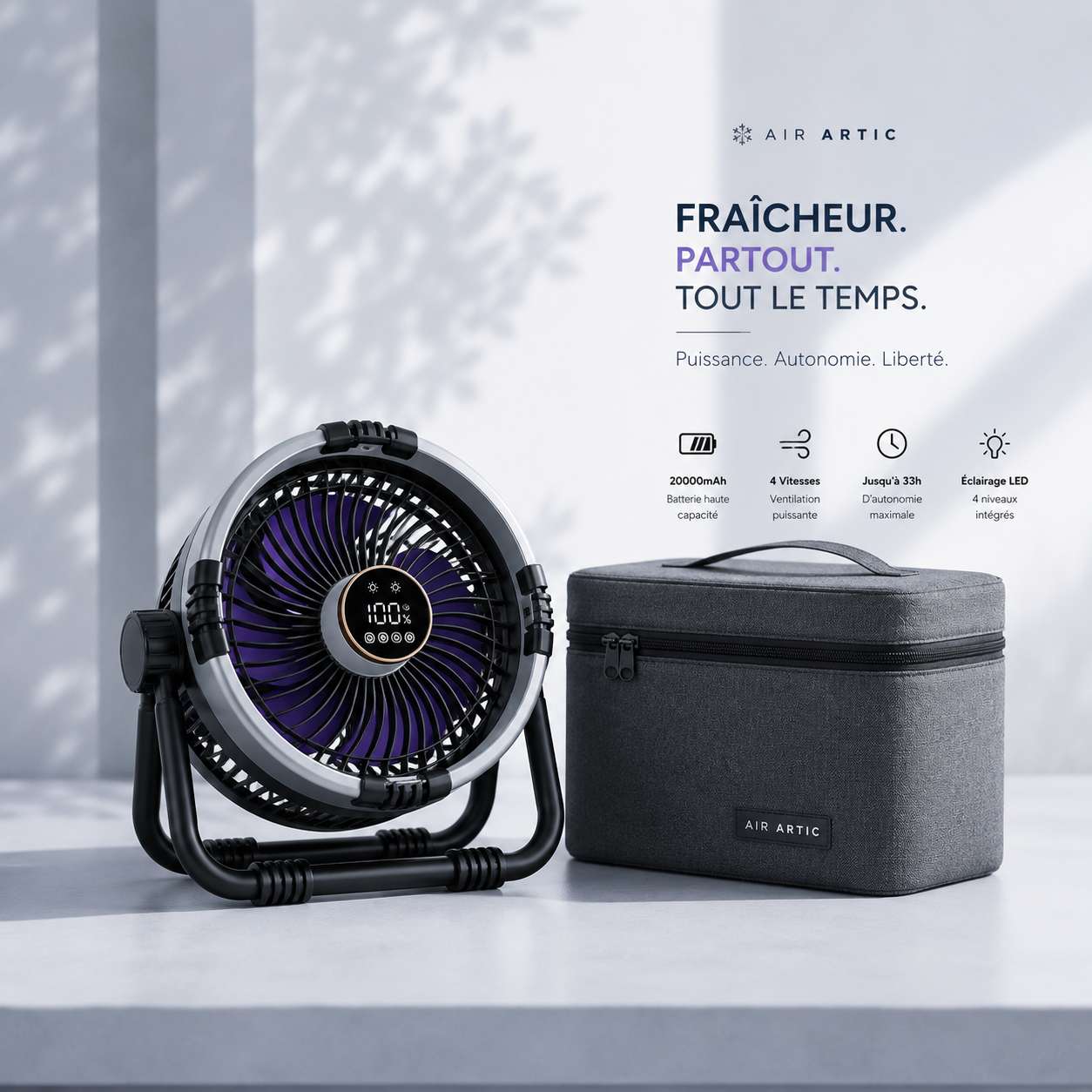 Ventilateur portable Flex Pro AIR ARTIC avec batterie 20000 mAh, autonomie longue durée, fixation polyvalente, recharge USB et ventilation puissante
