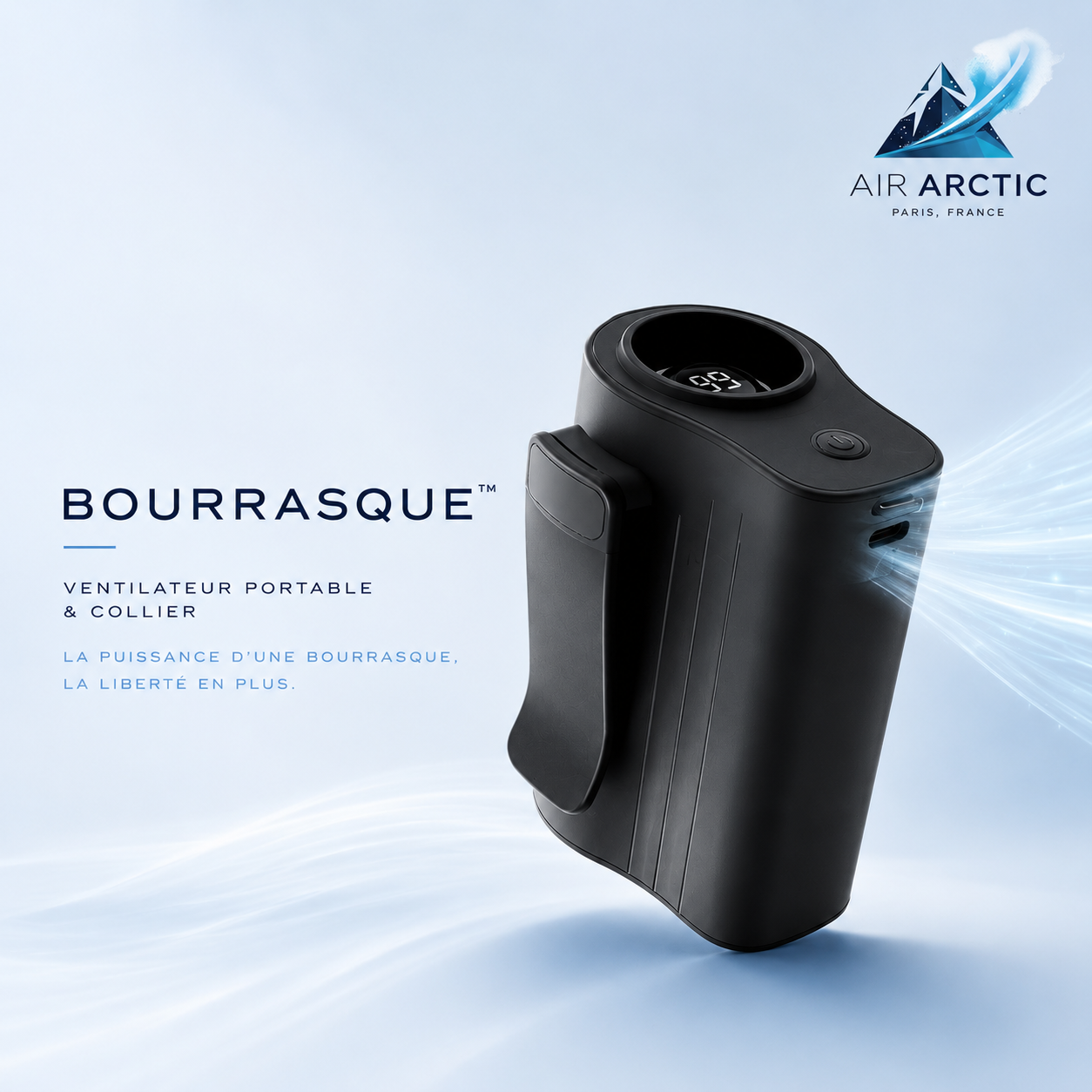 Ventilateur portable de taille et collier Bourrasque AIR ARTIC avec moteur puissant, écran digital, batterie rechargeable USB et refroidissement mains libres