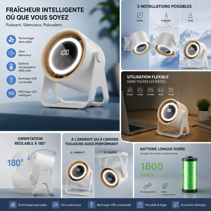 Ventilateur ArcticFlow™ Sans Pales, Rechargeable USB & Installation Flexible