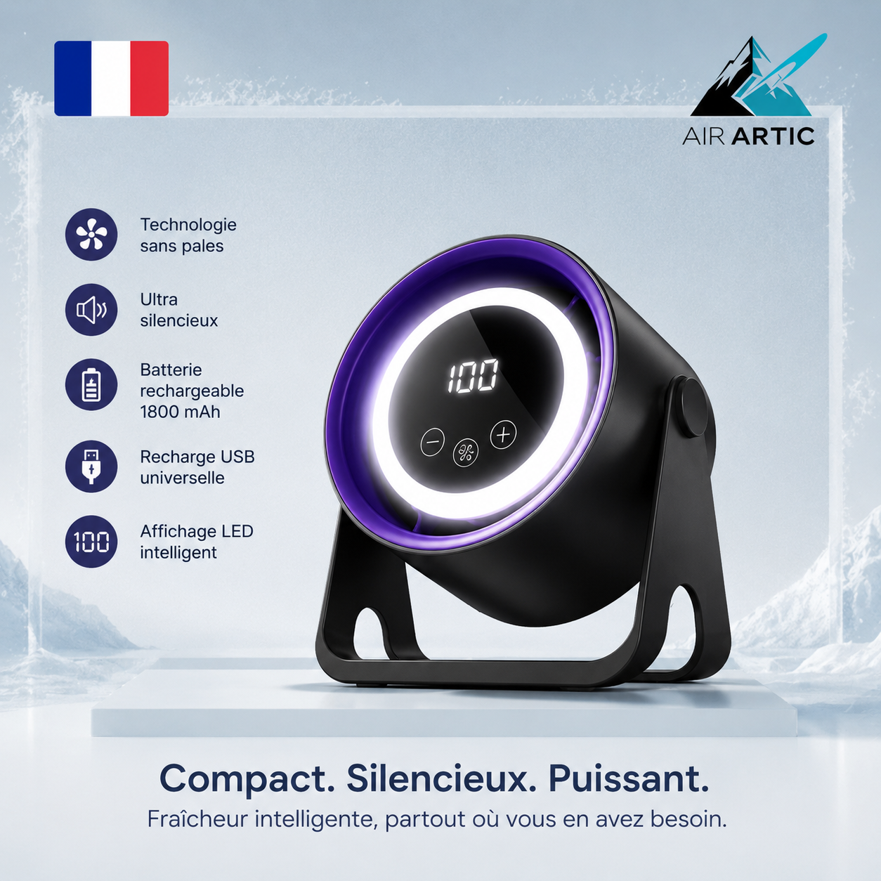 Ventilateur ArcticFlow™ Sans Pales, Rechargeable USB & Installation Flexible