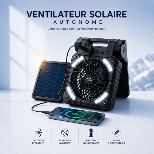 Ventilateur solaire autonome AIR ARTIC avec batterie externe power bank, autonomie 24 heures, panneau solaire intégré, éclairage LED et recharge USB