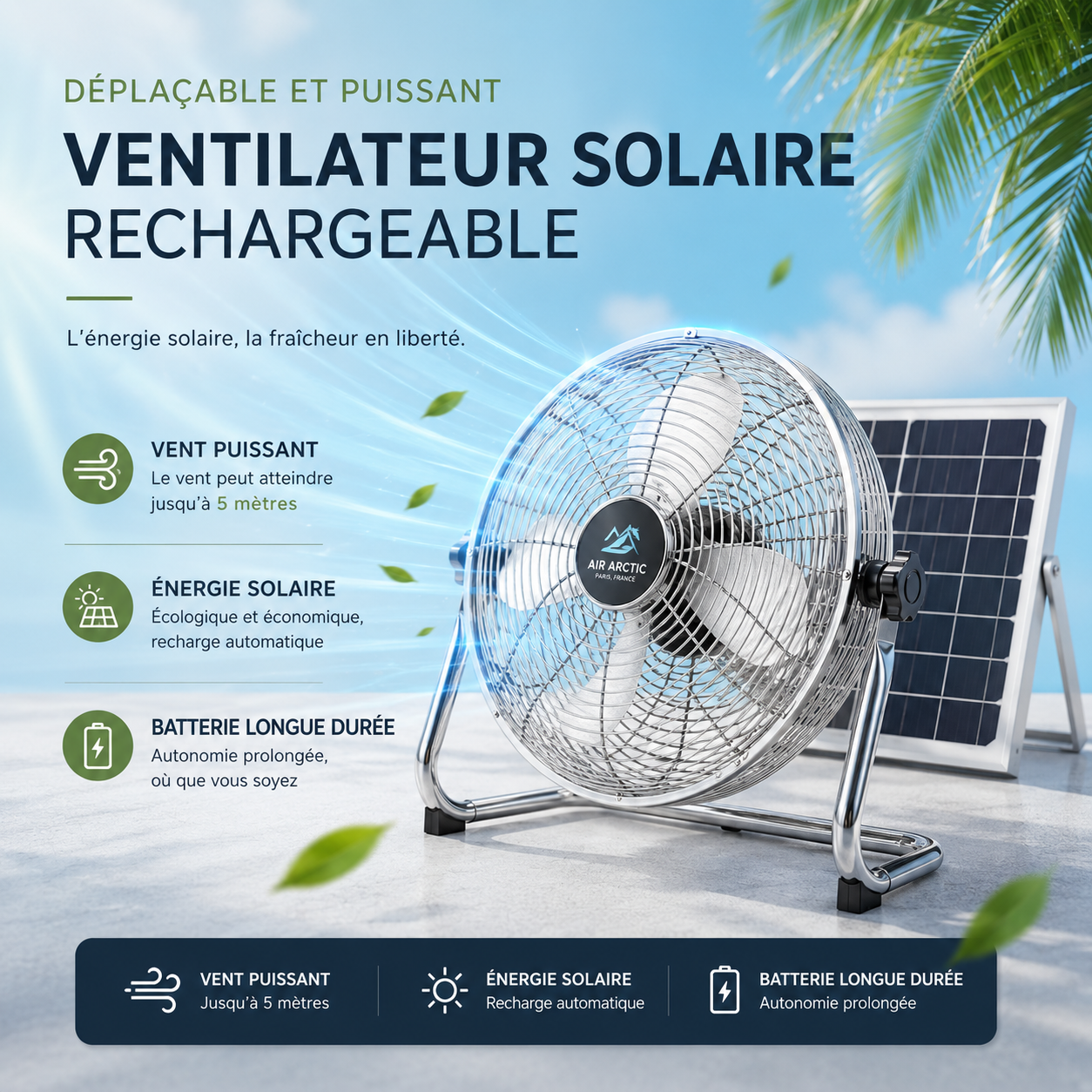 Ventilateur Solaire Haute Puissance – 12 Vitesses, USB, Portable 2025