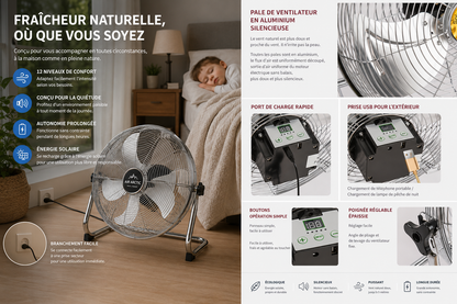 Ventilateur Solaire Haute Puissance – 12 Vitesses, USB, Portable 2025