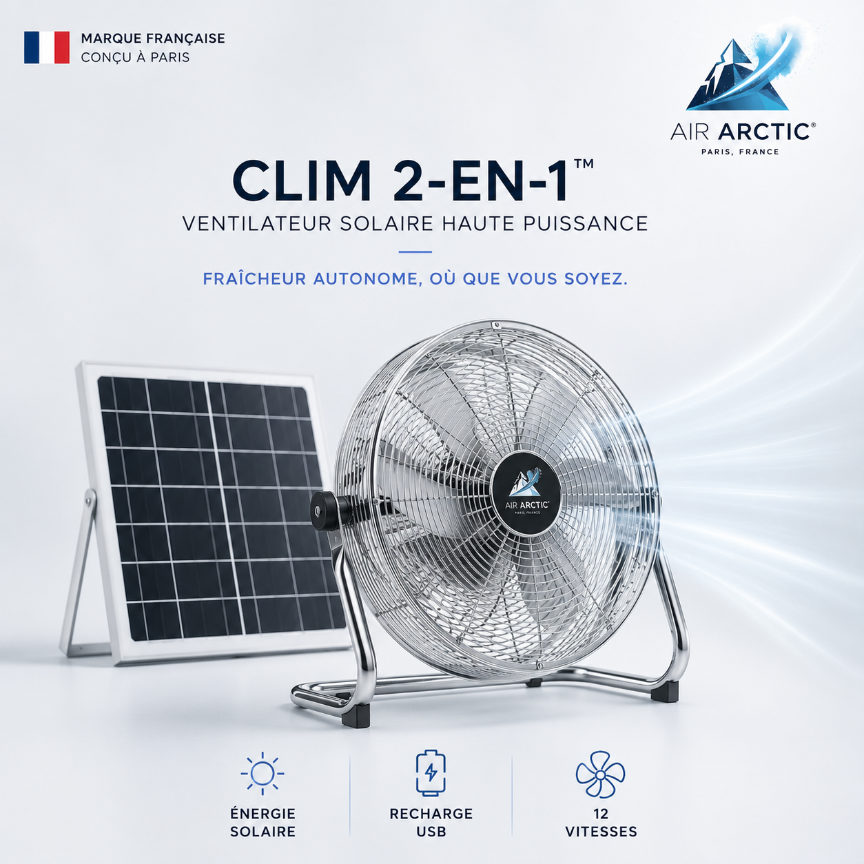 Ventilateur solaire haute puissance AIR ARTIC avec 12 vitesses, batterie rechargeable USB, panneau solaire autonome et ventilation portable pour extérieur et camping