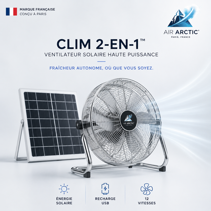 Ventilateur solaire haute puissance AIR ARTIC avec 12 vitesses, batterie rechargeable USB, panneau solaire autonome et ventilation portable pour extérieur et camping