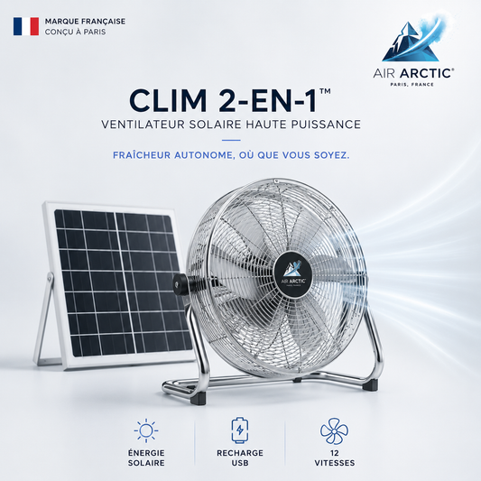 Ventilateur solaire haute puissance AIR ARTIC avec 12 vitesses, batterie rechargeable USB, panneau solaire autonome et ventilation portable pour extérieur et camping