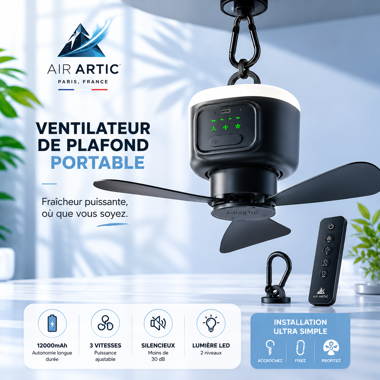 Ventilateur suspendu intelligent AIR ARTIC rechargeable USB avec télécommande, éclairage LED et ventilation puissante pour intérieur et extérieur